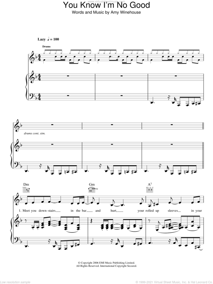 You Know I'm No Good sheet music for voice, piano or guitar by Amy Winehouse, intermediate skill level