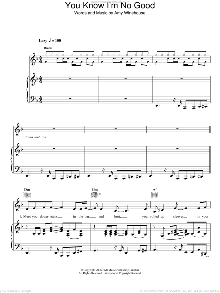 You Know I'm No Good sheet music for voice, piano or guitar by Amy Winehouse, intermediate skill level