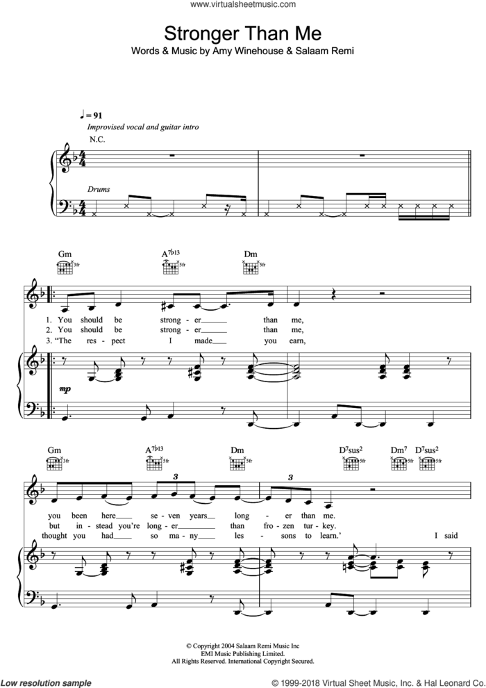 Stronger Than Me sheet music for voice, piano or guitar by Amy Winehouse and Salaam Remi, intermediate skill level