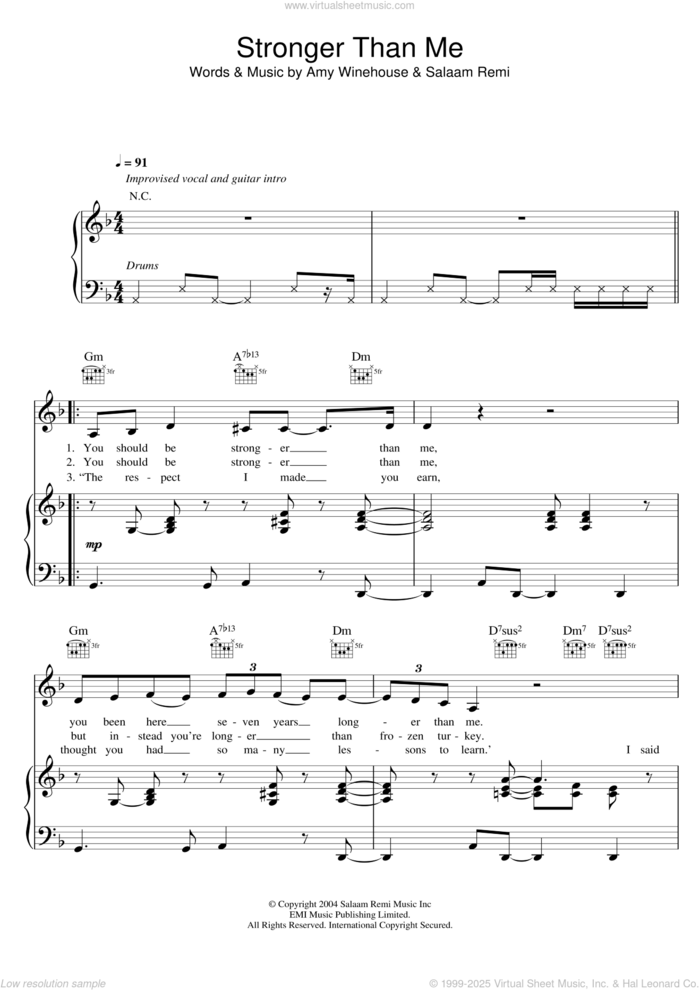 Stronger Than Me sheet music for voice, piano or guitar by Amy Winehouse and Salaam Remi, intermediate skill level