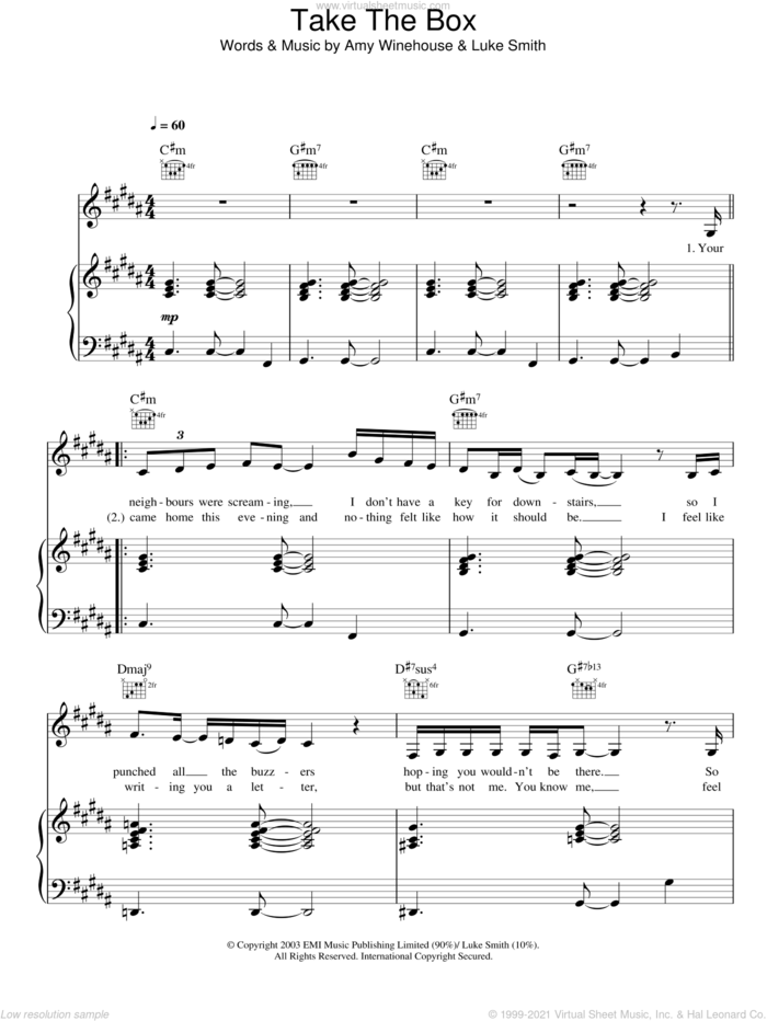 Take The Box sheet music for voice, piano or guitar by Amy Winehouse and Luke Smith, intermediate skill level