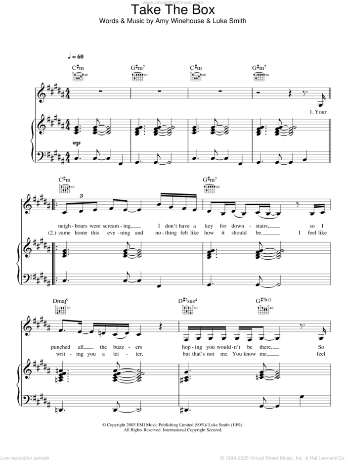 Take The Box sheet music for voice, piano or guitar by Amy Winehouse and Luke Smith, intermediate skill level