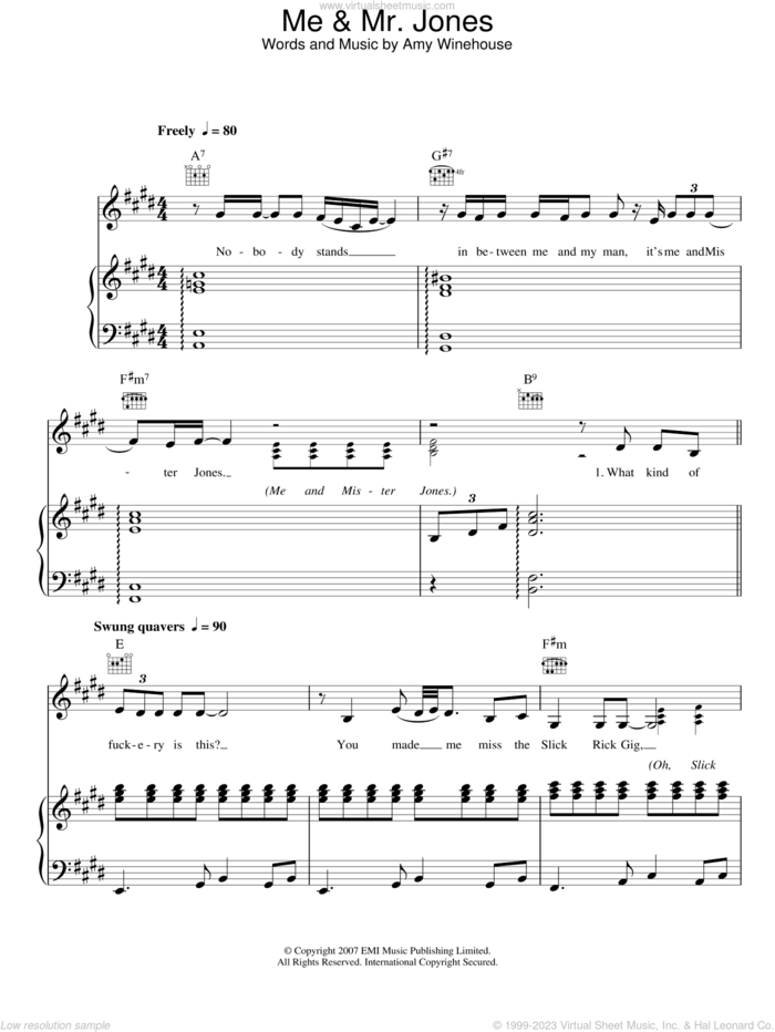 Me And Mr. Jones sheet music for voice, piano or guitar by Amy Winehouse, intermediate skill level