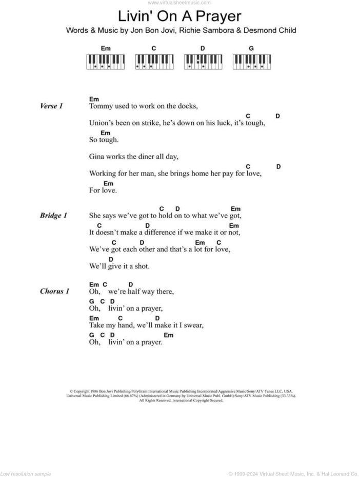 Livin' On A Prayer sheet music for piano solo (chords, lyrics, melody) by Bon Jovi, Desmond Child and Richie Sambora, intermediate piano (chords, lyrics, melody)