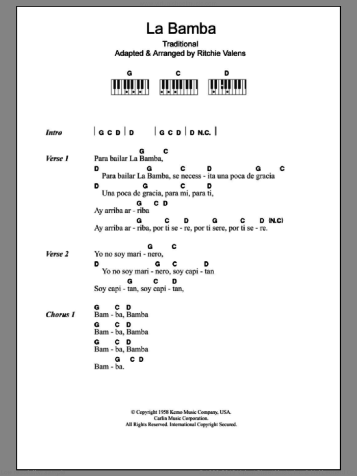 La Bamba sheet music for piano solo (chords, lyrics, melody) by Los Lobos, Ritchie Valens and Miscellaneous, intermediate piano (chords, lyrics, melody)