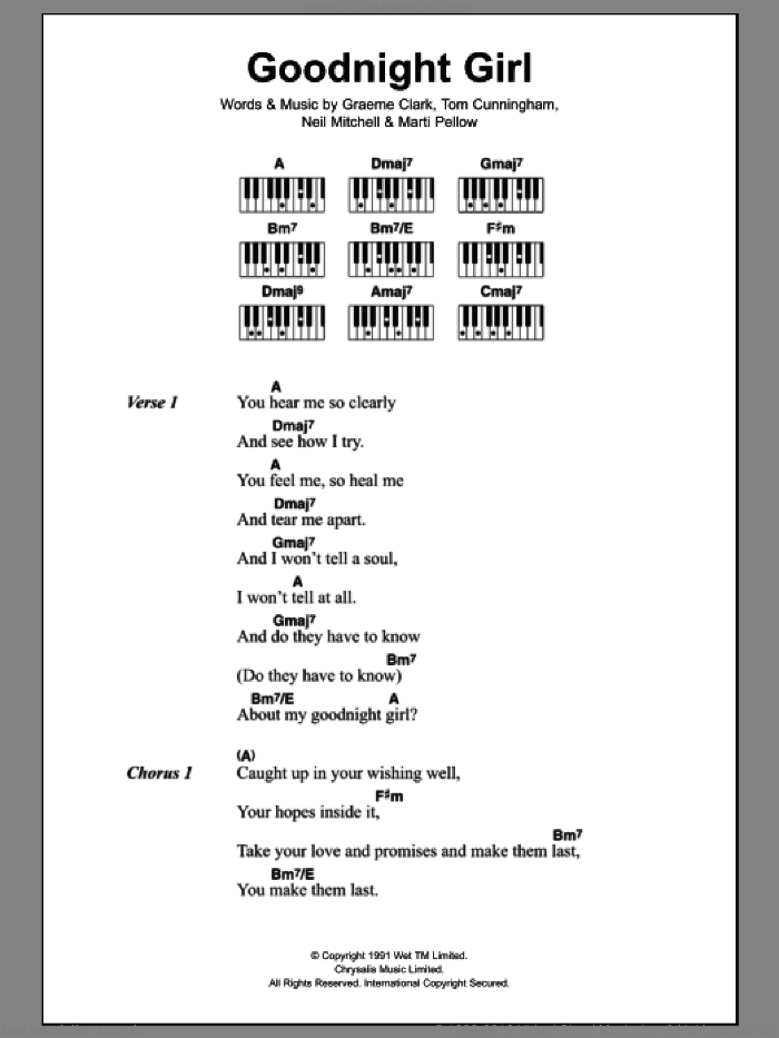 Goodnight Girl sheet music for piano solo (chords, lyrics, melody) by Wet Wet Wet, Graeme Clark, Marti Pellow, Neil Mitchell and Tom Cunningham, intermediate piano (chords, lyrics, melody)