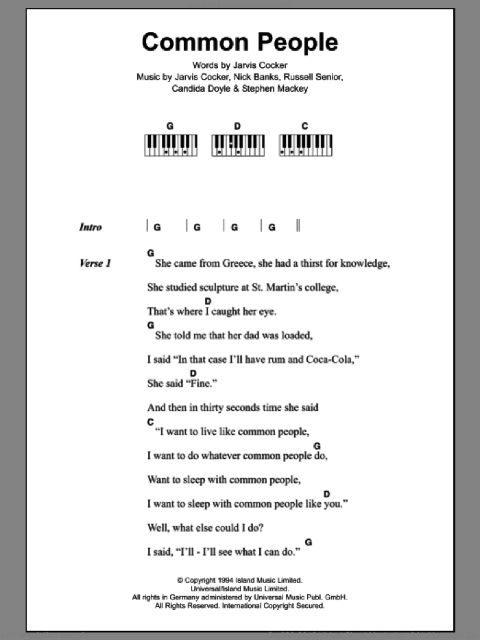 Common People, (intermediate) sheet music for piano solo (chords, lyrics, melody) by Pulp, Candida Doyle, Jarvis Cocker, Nick Banks, Russell Senior and Stephen Mackey, intermediate piano (chords, lyrics, melody)
