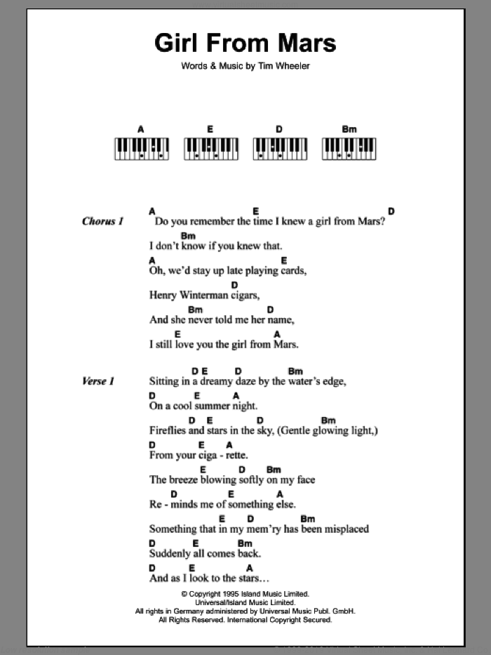 Girl From Mars sheet music for piano solo (chords, lyrics, melody) by Tim Wheeler, intermediate piano (chords, lyrics, melody)