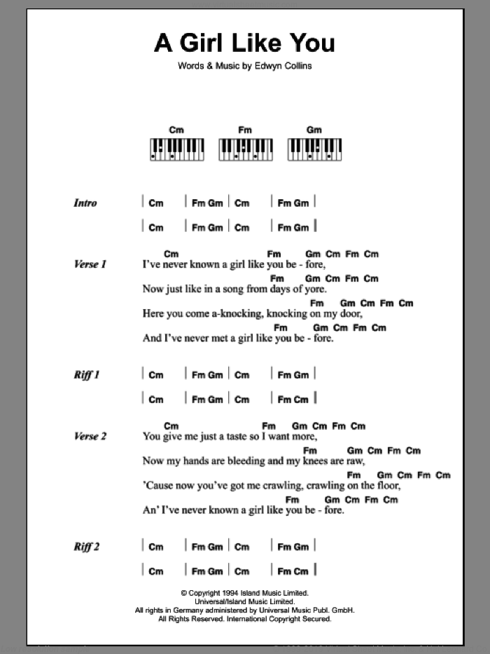 A Girl Like You sheet music for piano solo (chords, lyrics, melody) by Edwyn Collins, intermediate piano (chords, lyrics, melody)