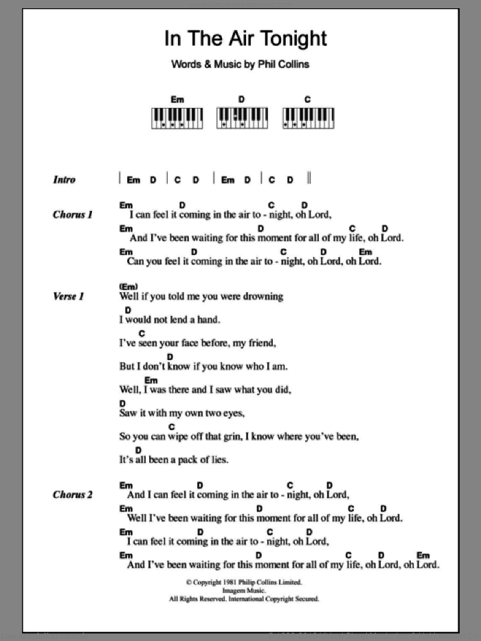 In The Air Tonight sheet music for piano solo (chords, lyrics, melody) by Phil Collins, intermediate piano (chords, lyrics, melody)