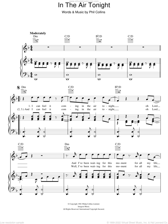 In The Air Tonight sheet music for voice, piano or guitar by Phil Collins, intermediate skill level