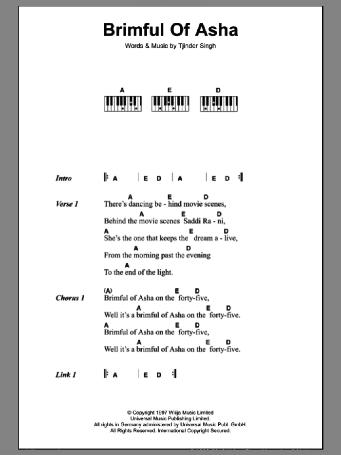 Brimful Of Asha sheet music for piano solo (chords, lyrics, melody) by Cornershop and Tjinder Singh, intermediate piano (chords, lyrics, melody)