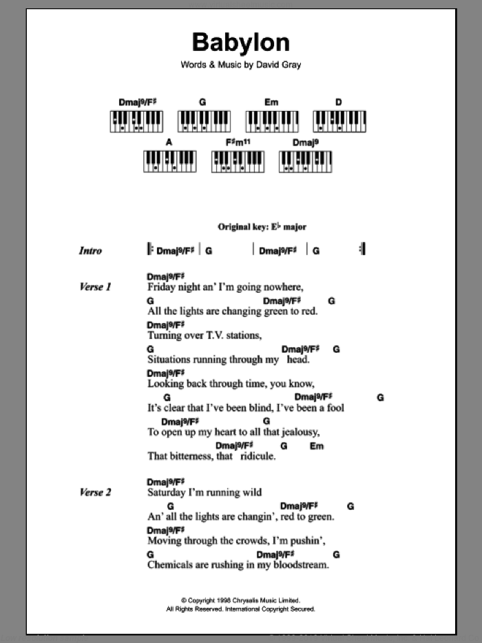 Babylon sheet music for piano solo (chords, lyrics, melody) by David Gray, intermediate piano (chords, lyrics, melody)