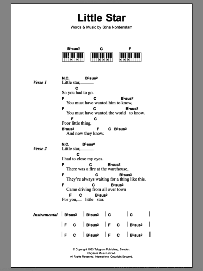 Little Star sheet music for piano solo (chords, lyrics, melody) by Stina Nordenstam, intermediate piano (chords, lyrics, melody)