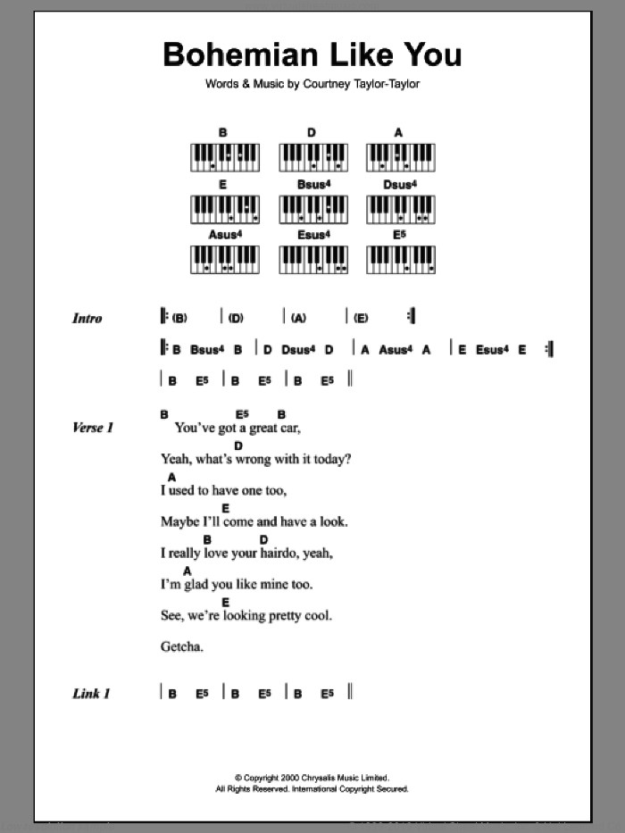 Bohemian Like You sheet music for piano solo (chords, lyrics, melody) by The Dandy Warhols and Courtney Taylor-Taylor, intermediate piano (chords, lyrics, melody)
