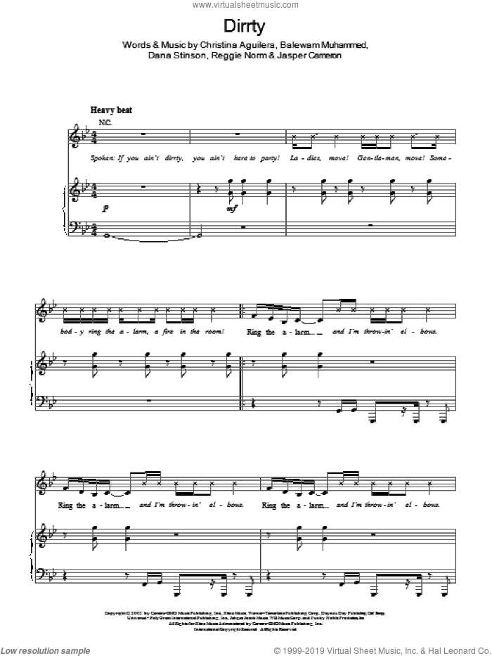 Dirrty sheet music for voice, piano or guitar by Christina Aguilera, Balewam Muhammed, Dana Stinson, Jasper Cameron and Reggie Norm, intermediate skill level