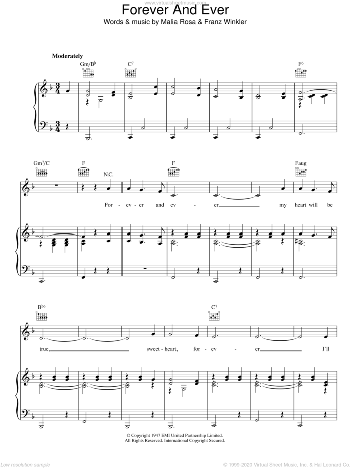 Forever And Ever sheet music for voice, piano or guitar by Perry Como, Franz Winkler and Malia Rosa, intermediate skill level