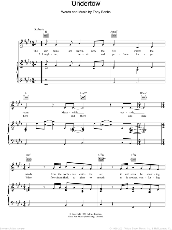 Undertow sheet music for voice, piano or guitar by Genesis and Tony Banks, intermediate skill level