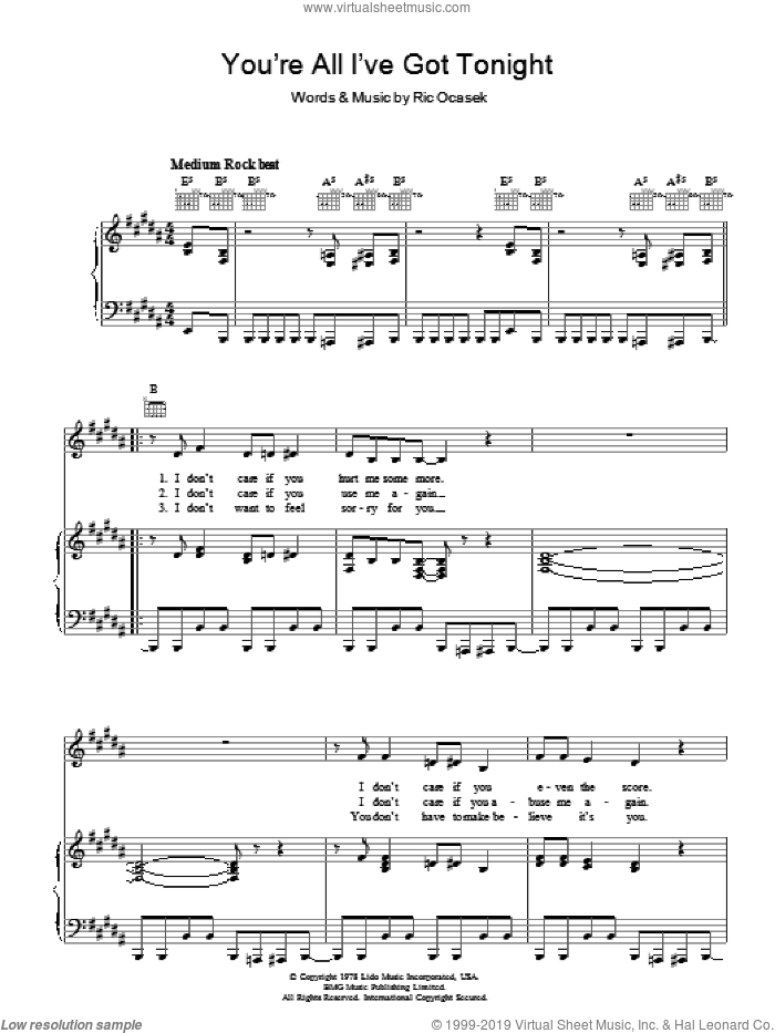 You're All I've Got Tonight sheet music for voice, piano or guitar by The Cars and Ric Ocasek, intermediate skill level