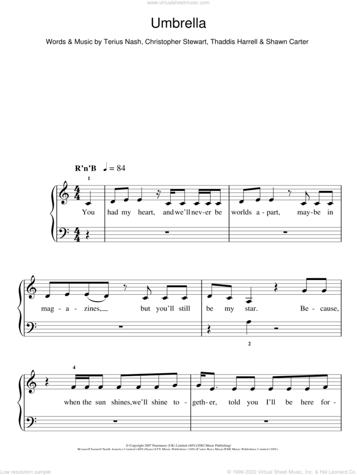 Umbrella sheet music for piano solo by Rihanna, Rihanna featuring Jay-Z, Christopher Stewart, Shawn Carter, Terius Nash and Thaddis Harrell, easy skill level