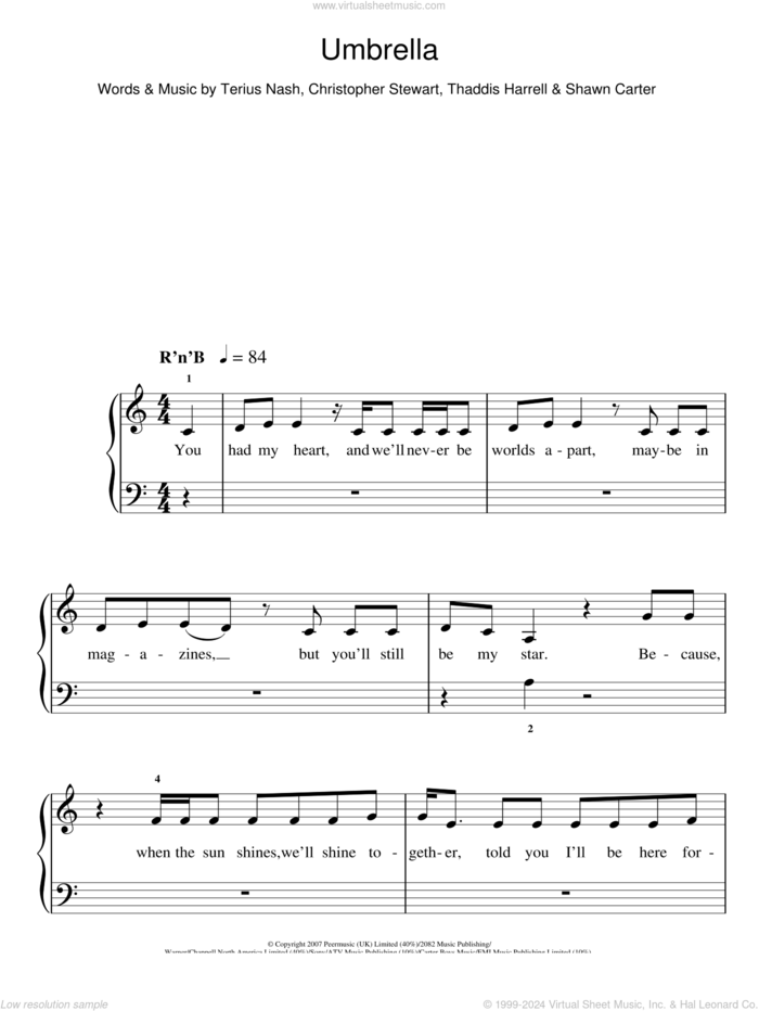 Umbrella sheet music for piano solo by Rihanna, Rihanna featuring Jay-Z, Christopher Stewart, Shawn Carter, Terius Nash and Thaddis Harrell, easy skill level