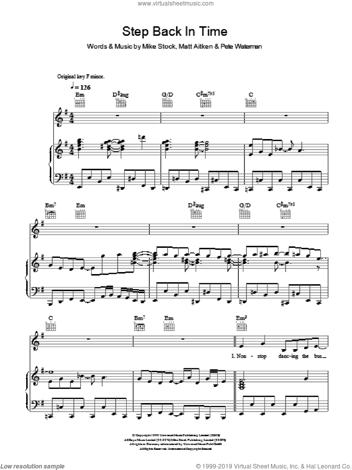 Step Back In Time sheet music for voice, piano or guitar by Kylie Minogue, Matt Aitken, Mike Stock and Pete Waterman, intermediate skill level