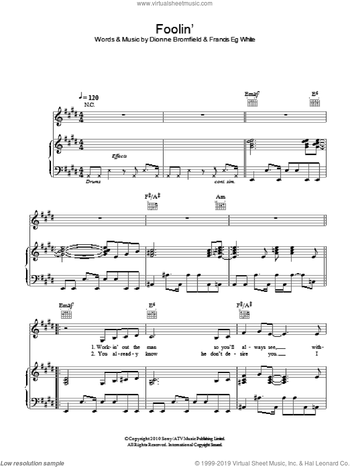 Foolin' sheet music for voice, piano or guitar by Dionne Bromfield and Francis White, intermediate skill level