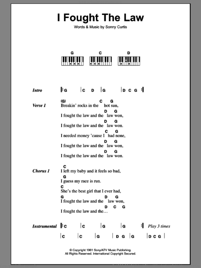 I Fought The Law sheet music for piano solo (chords, lyrics, melody) by The Clash, Colin Farrell and Sonny Curtis, intermediate piano (chords, lyrics, melody)