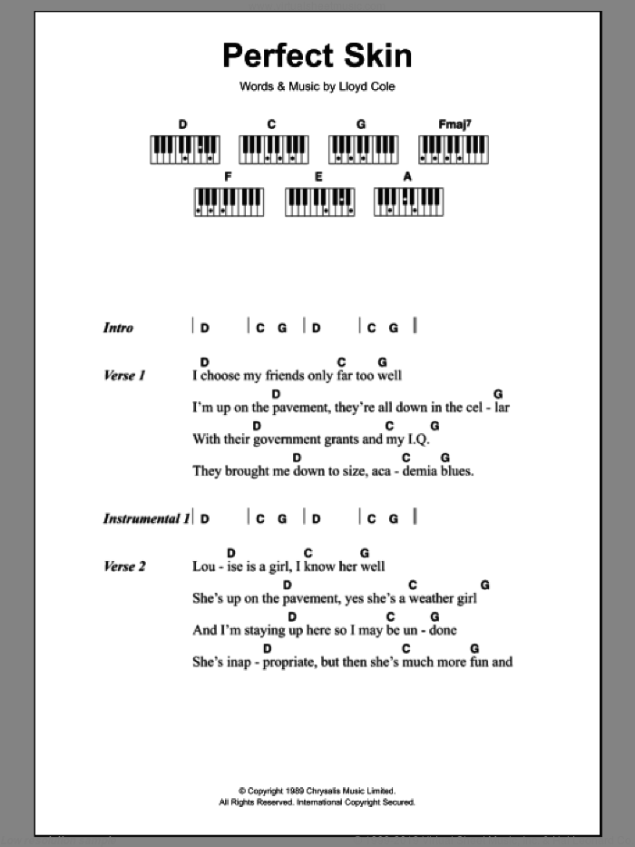 Perfect Skin sheet music for piano solo (chords, lyrics, melody) by Lloyd Cole, intermediate piano (chords, lyrics, melody)