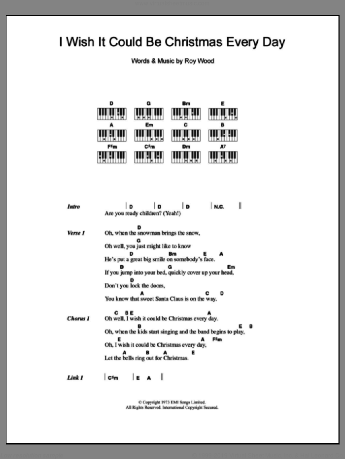 I Wish It Could Be Christmas Every Day sheet music for piano solo (chords, lyrics, melody) by Wizzard and Roy Wood, intermediate piano (chords, lyrics, melody)