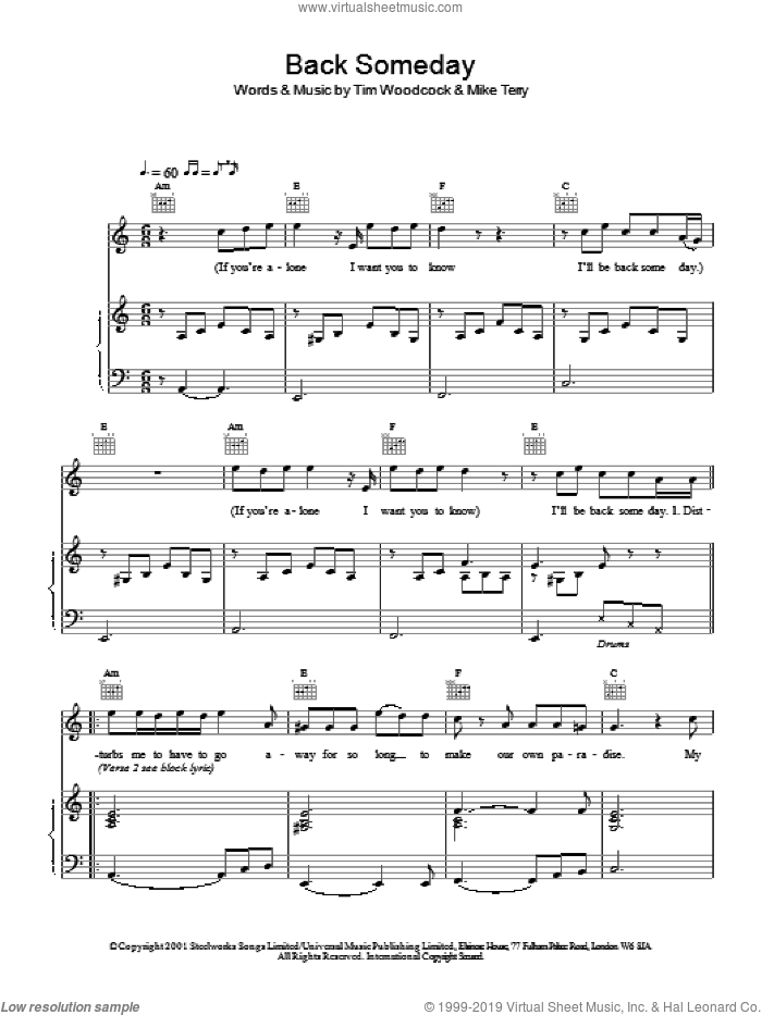 Back Someday sheet music for voice, piano or guitar , Mike Terry and Tim Woodcock, intermediate skill level