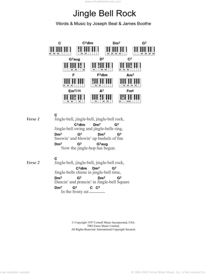 Jingle Bell Rock sheet music for piano solo (chords, lyrics, melody) by Chubby Checker, James Boothe and Joe Beal, intermediate piano (chords, lyrics, melody)