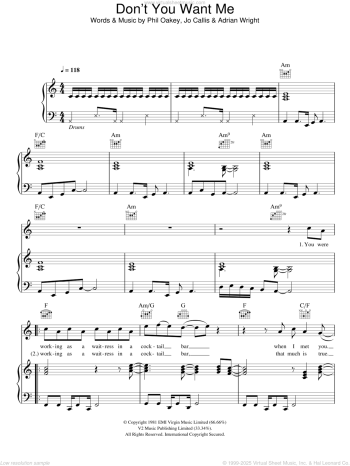 Don't You Want Me sheet music for voice, piano or guitar by The Human League, Adrian Wright, Jo Callis and Phil Oakey, intermediate skill level