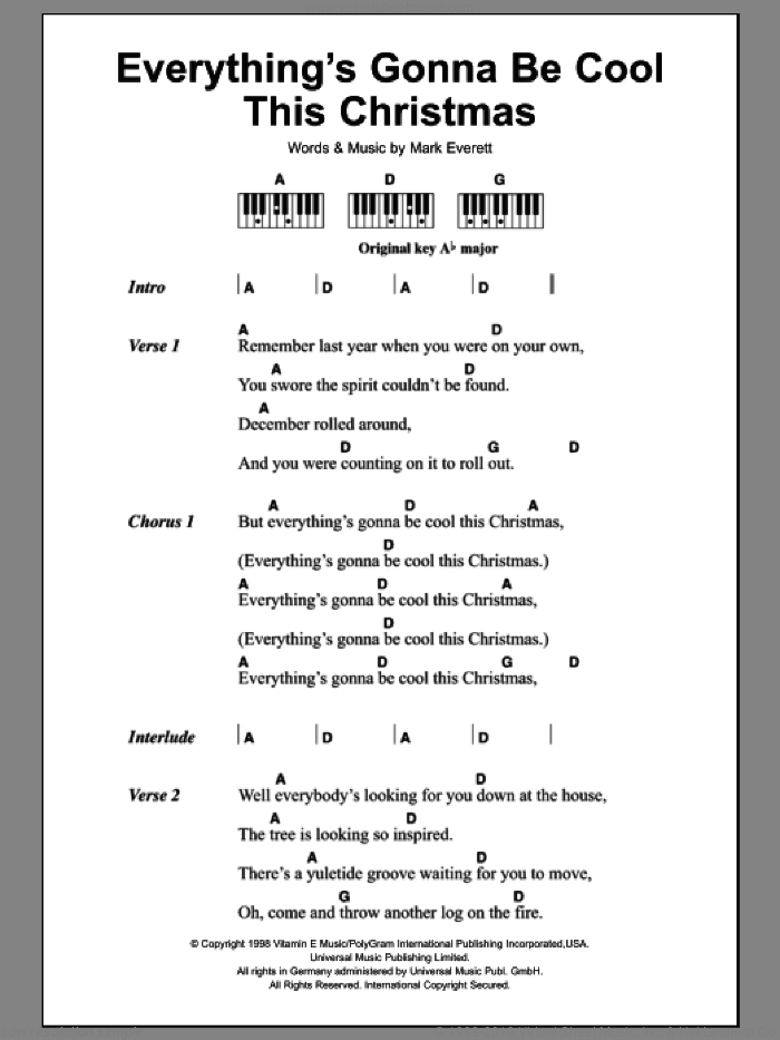 Everything's Gonna Be Cool This Christmas sheet music for piano solo (chords, lyrics, melody) by Eels and Mark Everett, intermediate piano (chords, lyrics, melody)