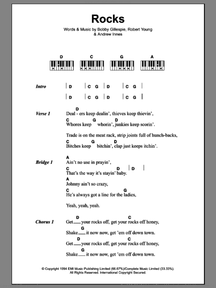 Rocks sheet music for piano solo (chords, lyrics, melody) by Primal Scream, Andrew Innes, Bobby Gillespie and Robert Young, intermediate piano (chords, lyrics, melody)