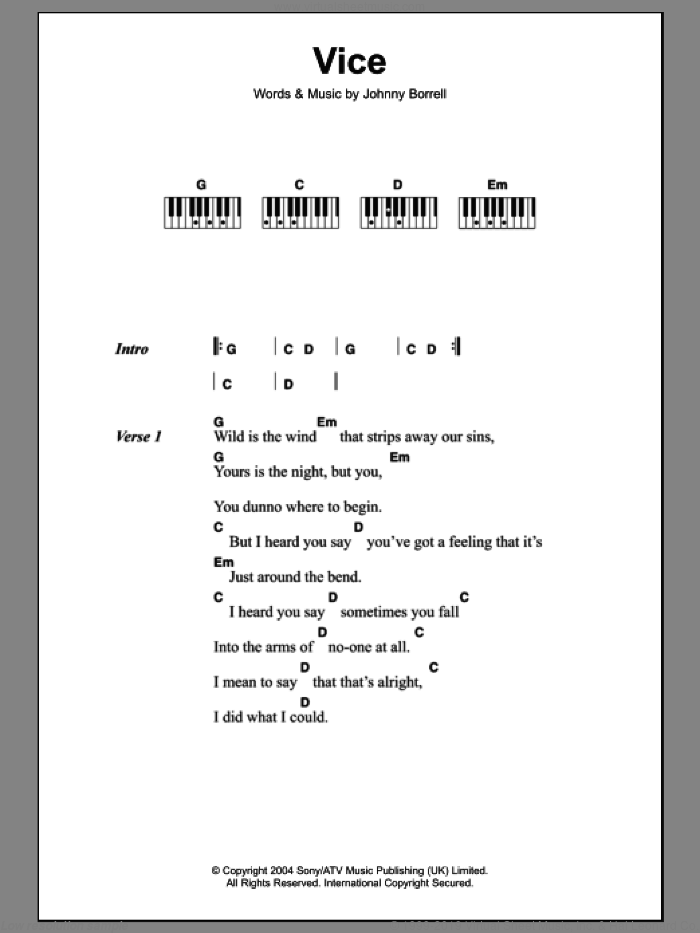 Vice sheet music for piano solo (chords, lyrics, melody) by Razorlight and Johnny Borrell, intermediate piano (chords, lyrics, melody)