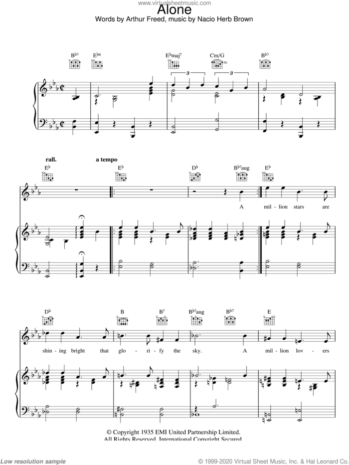Alone sheet music for voice, piano or guitar by Nacio Herb Brown and Arthur Freed, intermediate skill level