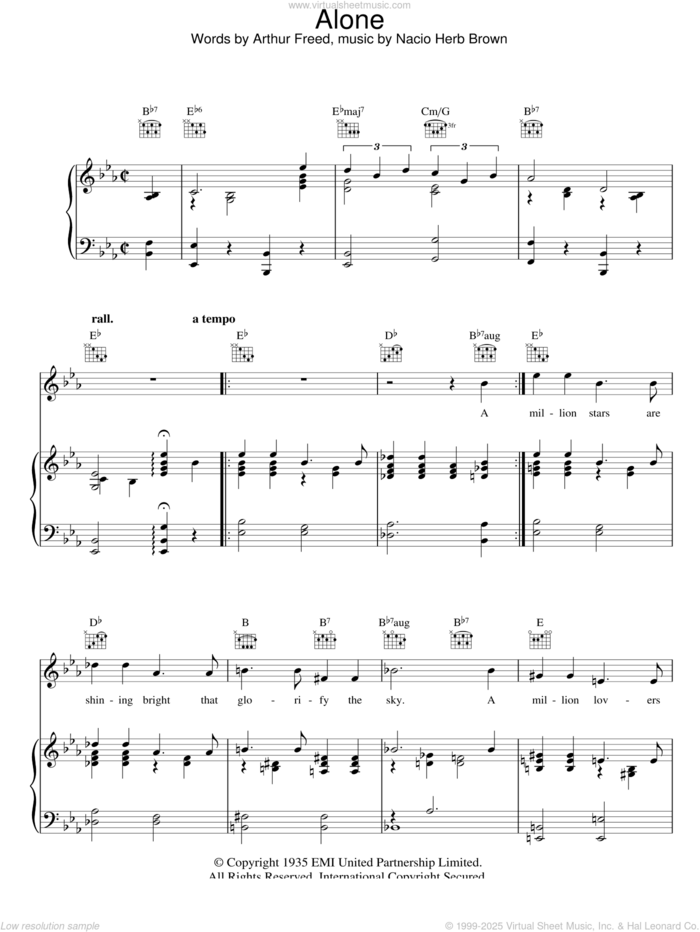 Alone sheet music for voice, piano or guitar by Nacio Herb Brown and Arthur Freed, intermediate skill level