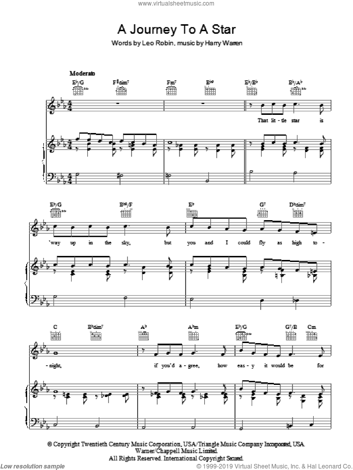 A Journey To A Star sheet music for voice, piano or guitar by Harry Warren and Leo Robin, intermediate skill level