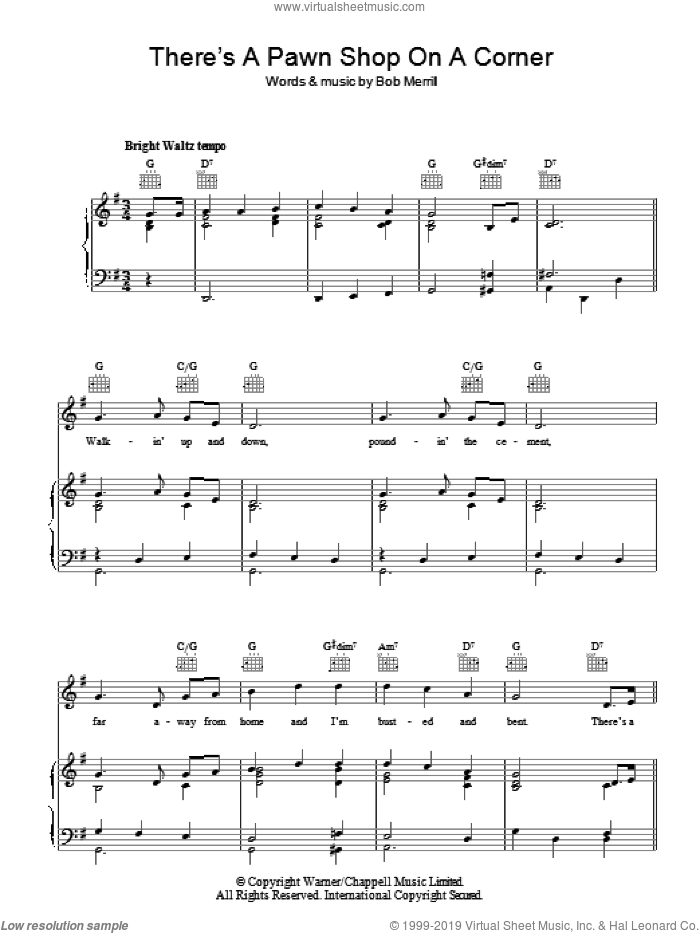 There's A Pawn Shop On A Corner (In Pittsburgh Pennsylvania) sheet music for voice, piano or guitar by Bob Merrill, intermediate skill level