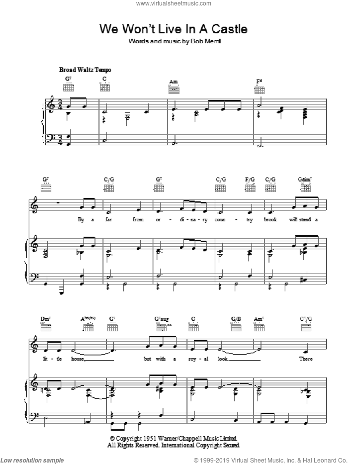 We Won't Live In A Castle sheet music for voice, piano or guitar by Bob Merrill, intermediate skill level