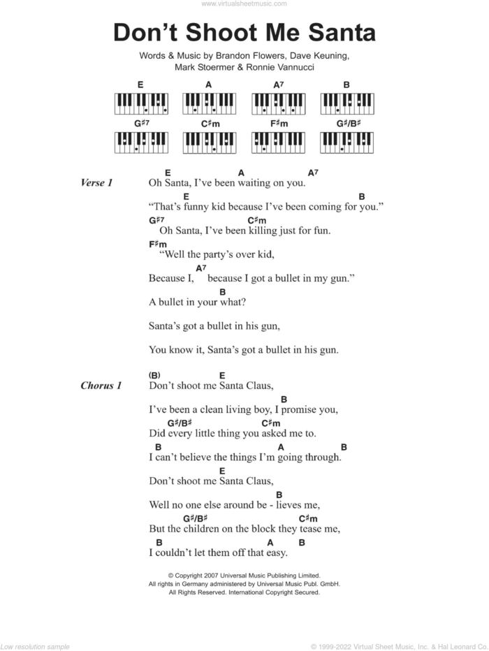 Don't Shoot Me Santa sheet music for piano solo (chords, lyrics, melody) by The Killers, Brandon Flowers, Dave Keuning, Mark Stoermer and Ronnie Vannucci, intermediate piano (chords, lyrics, melody)