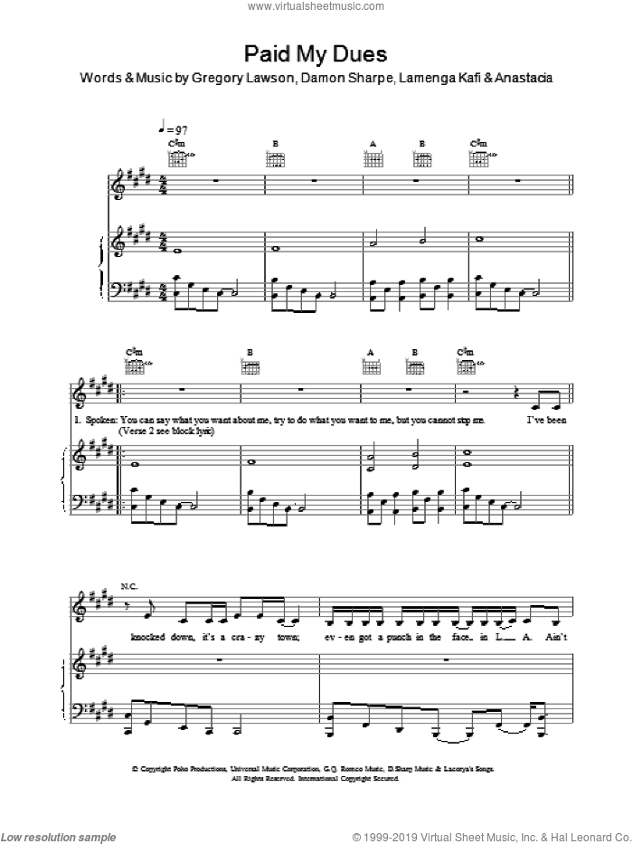 Paid My Dues sheet music for voice, piano or guitar by Anastacia, KAFI, LAWSON and Martin Sharp, intermediate skill level