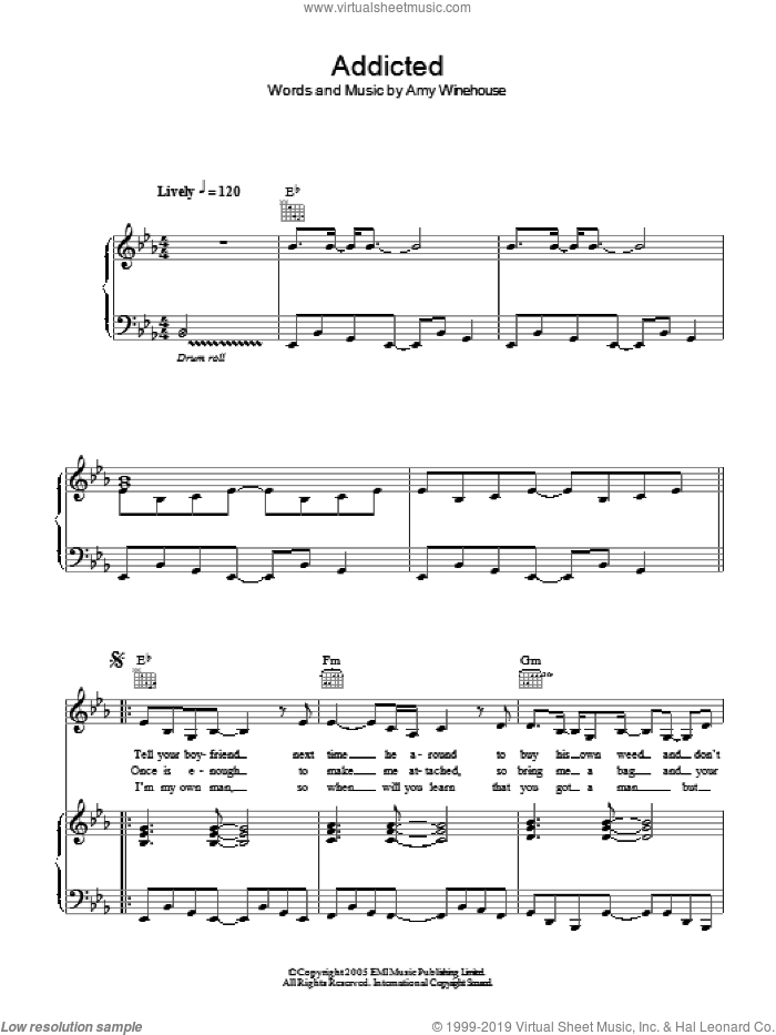 Addicted sheet music for voice, piano or guitar by Amy Winehouse, intermediate skill level