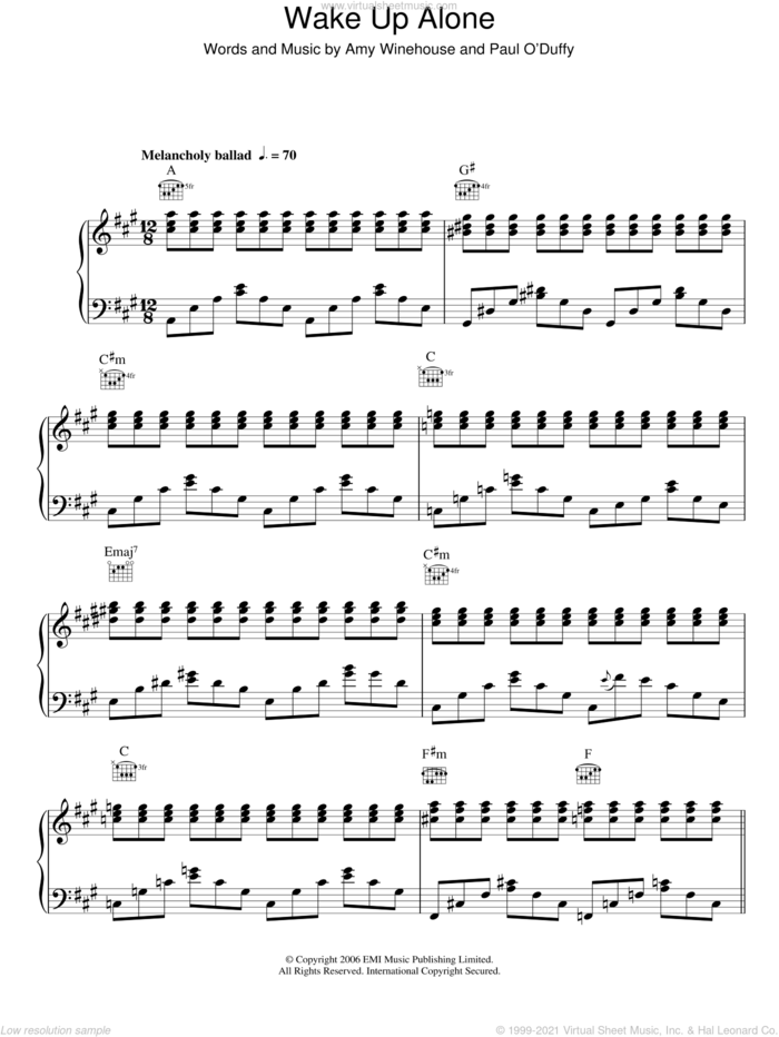 Wake Up Alone sheet music for voice, piano or guitar by Amy Winehouse, intermediate skill level