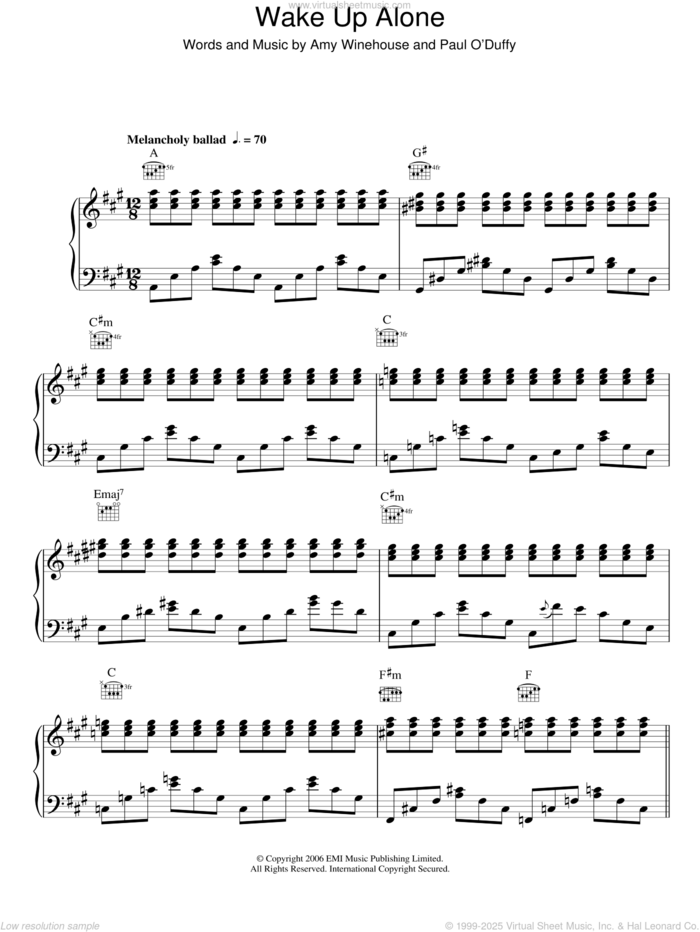 Wake Up Alone sheet music for voice, piano or guitar by Amy Winehouse, intermediate skill level