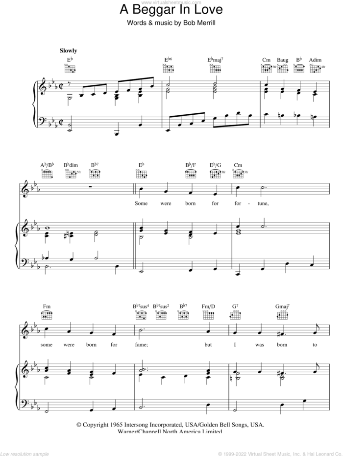 A Beggar In Love sheet music for voice, piano or guitar by Bob Merrill, intermediate skill level