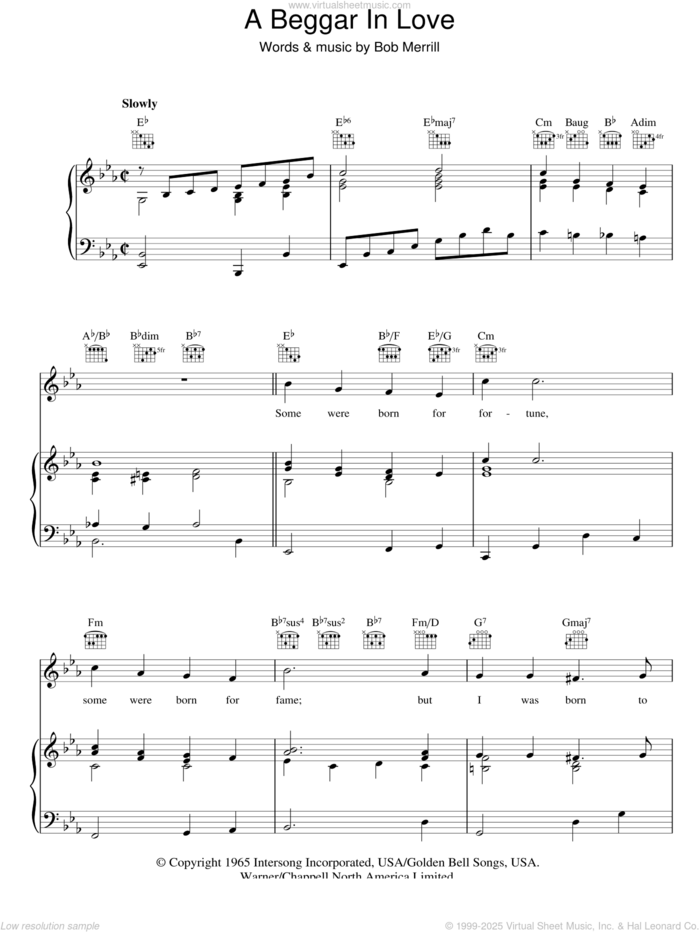 A Beggar In Love sheet music for voice, piano or guitar by Bob Merrill, intermediate skill level