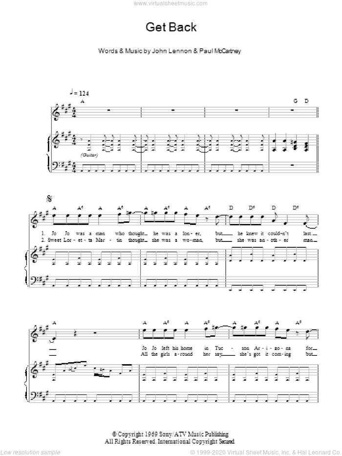 Get Back sheet music for voice, piano or guitar by The Beatles, John Lennon and Paul McCartney, intermediate skill level