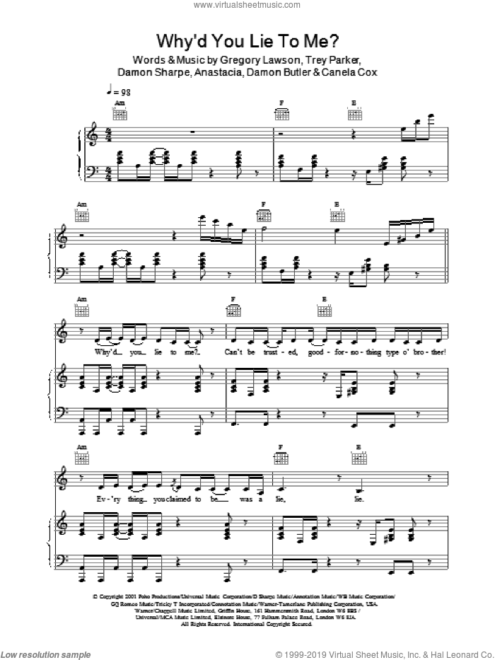 Why'd You Lie To Me? sheet music for voice, piano or guitar by Anastacia, LAWSON and Martin Sharp, intermediate skill level